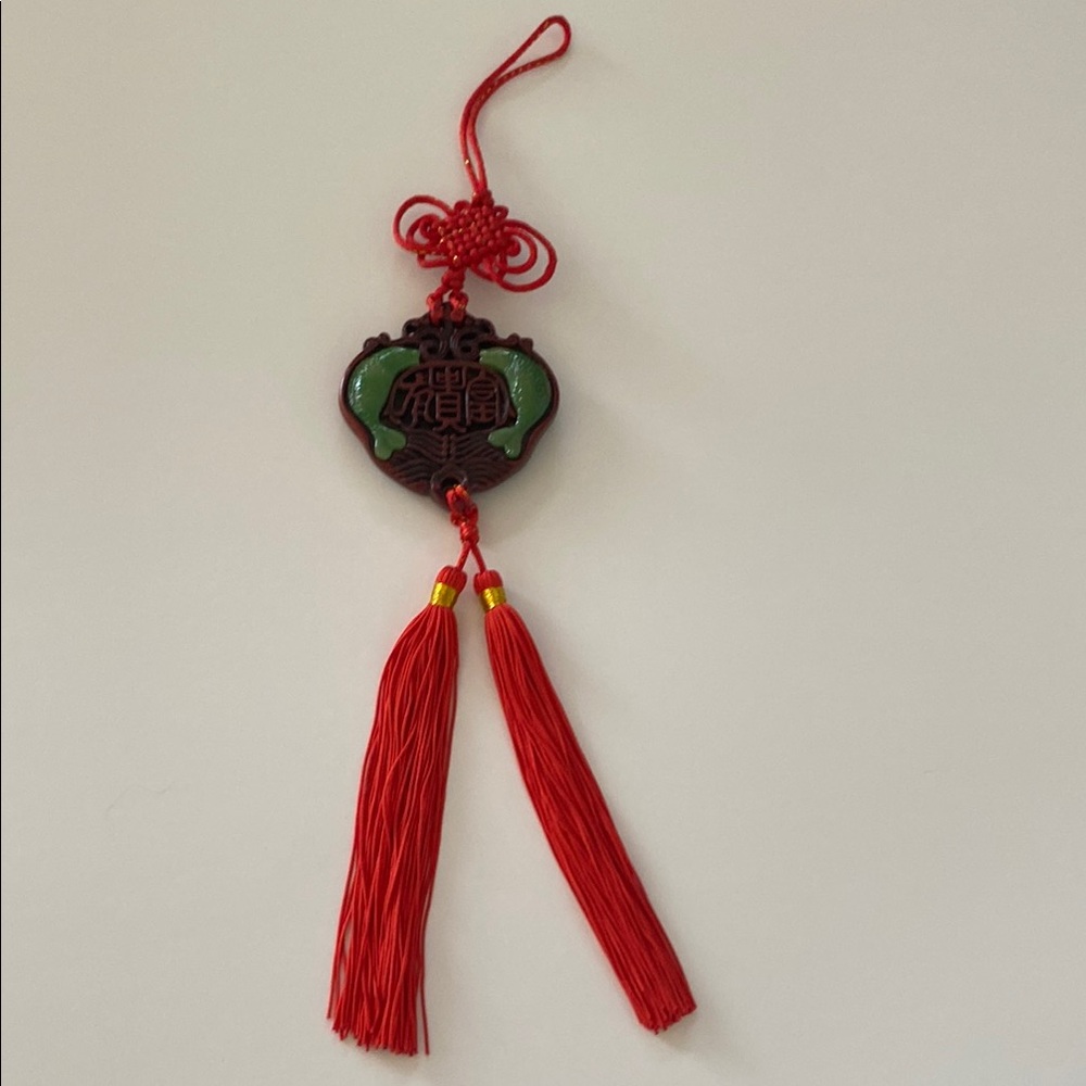 Asian Lucky Feng Shui Koi Fish Faux Jade Silk Embroidery Tassel - Vintage